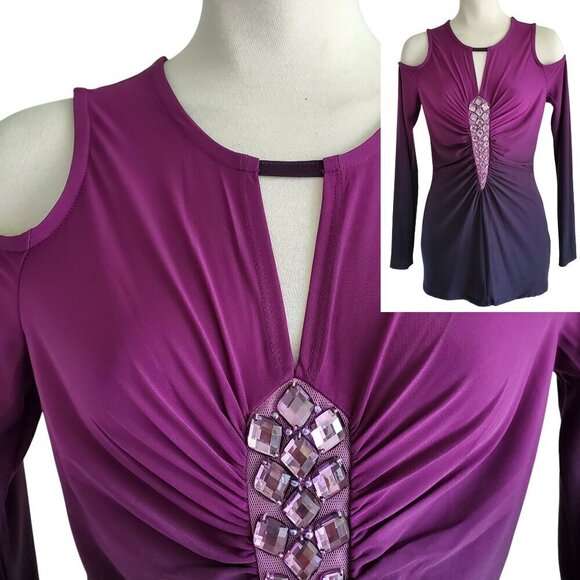 VENUS NWT Blingy Jeweled Ruched Sexy Dressy Top Ombre Cold Shoulder S - Picture 2 of 16